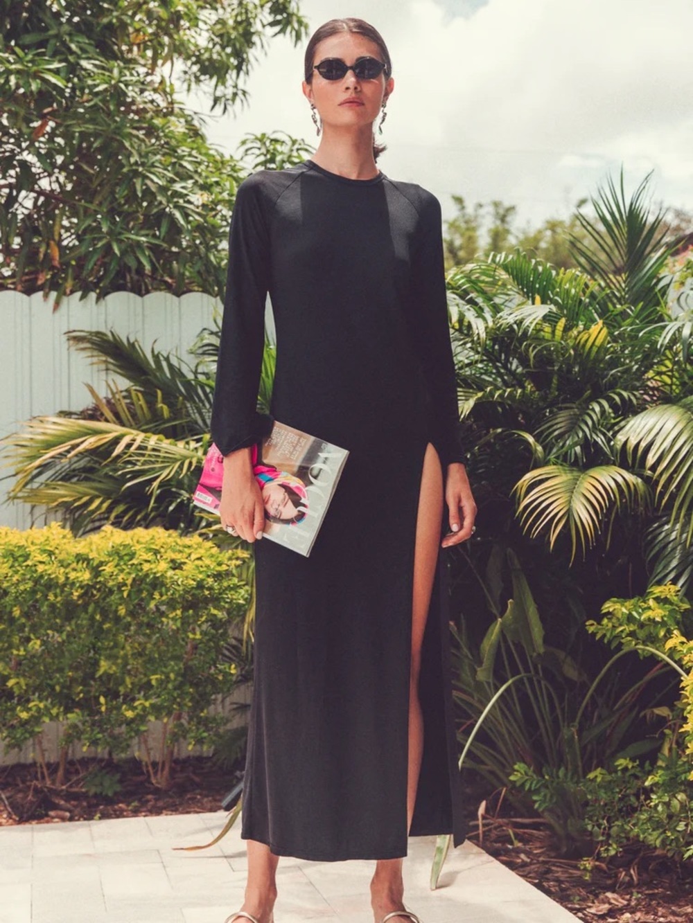 Erika Cavallini size 42 Black Long-Sleeve Maxi Dress with High Side Slit